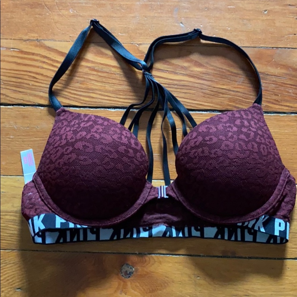 PINK Maroon Leopard Lace Strappy Back Push Up Bra